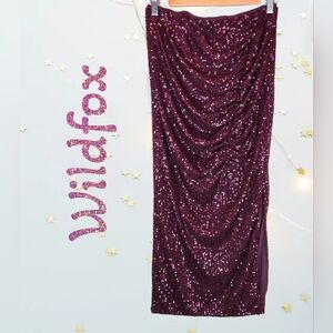 Wildfox Party Midi Maxi Skirt Sz M Purple Sequins Stretch Waist Ruch Front Slit